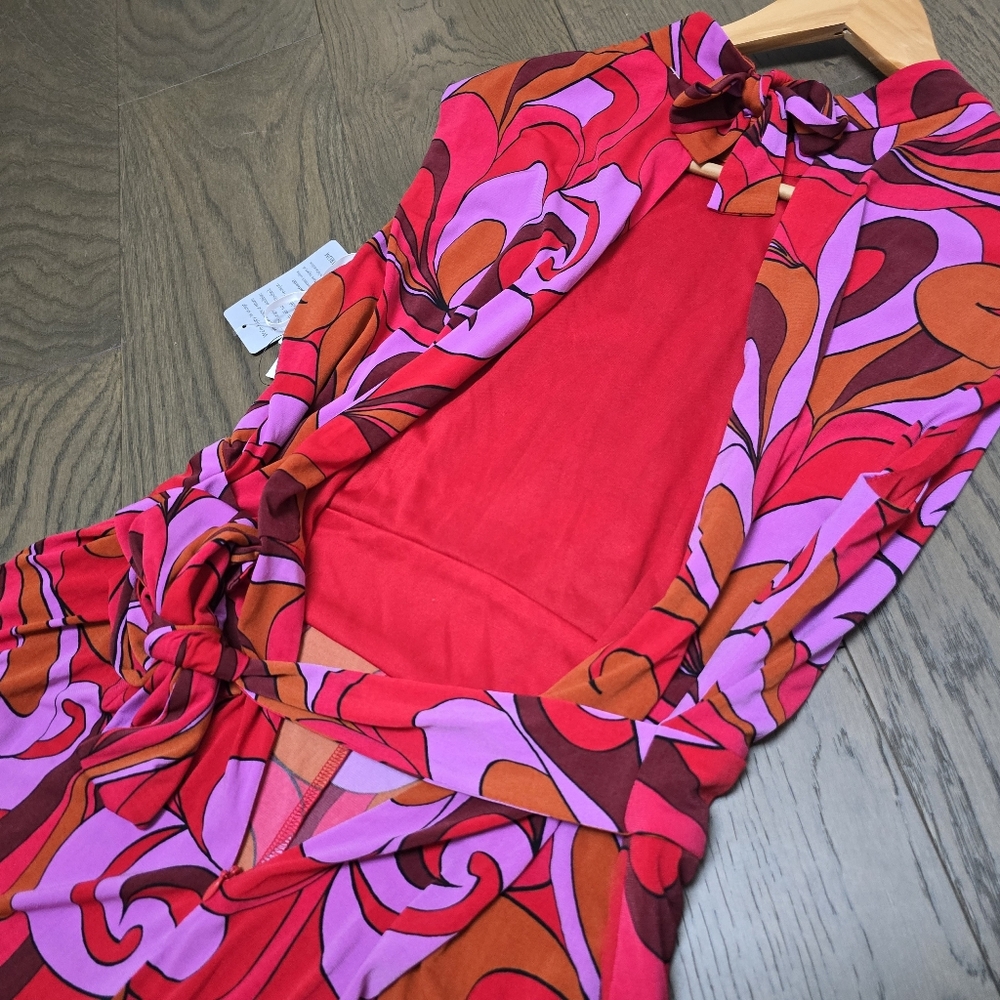 🆕️ Donna Morgan Retro Mock Neck Flare Lef Jumpsuit in Red & Lavender - Picture 9 of 11